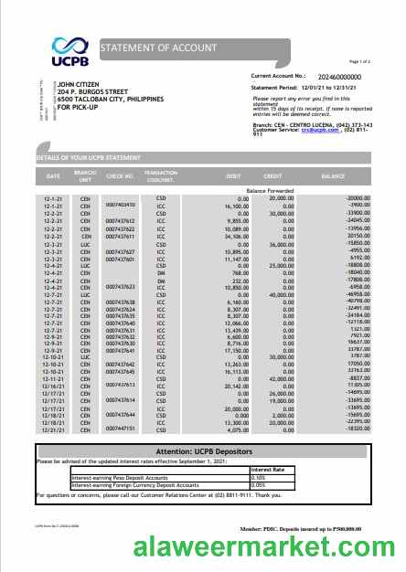 Philippines UCPB bank statement of account template in Excel and PDF format